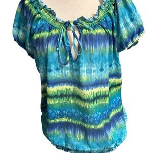 Y2K Maurices Blue & Green Tie-Front Peasant Blouse Size 0 EUC